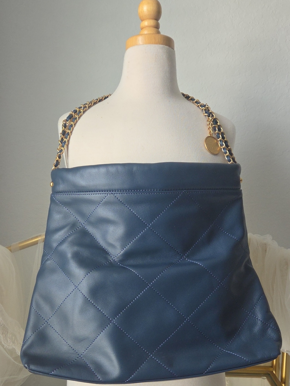 Navy Quilted Vegan Leather Shoulder Bag with Gold Chain Strap
